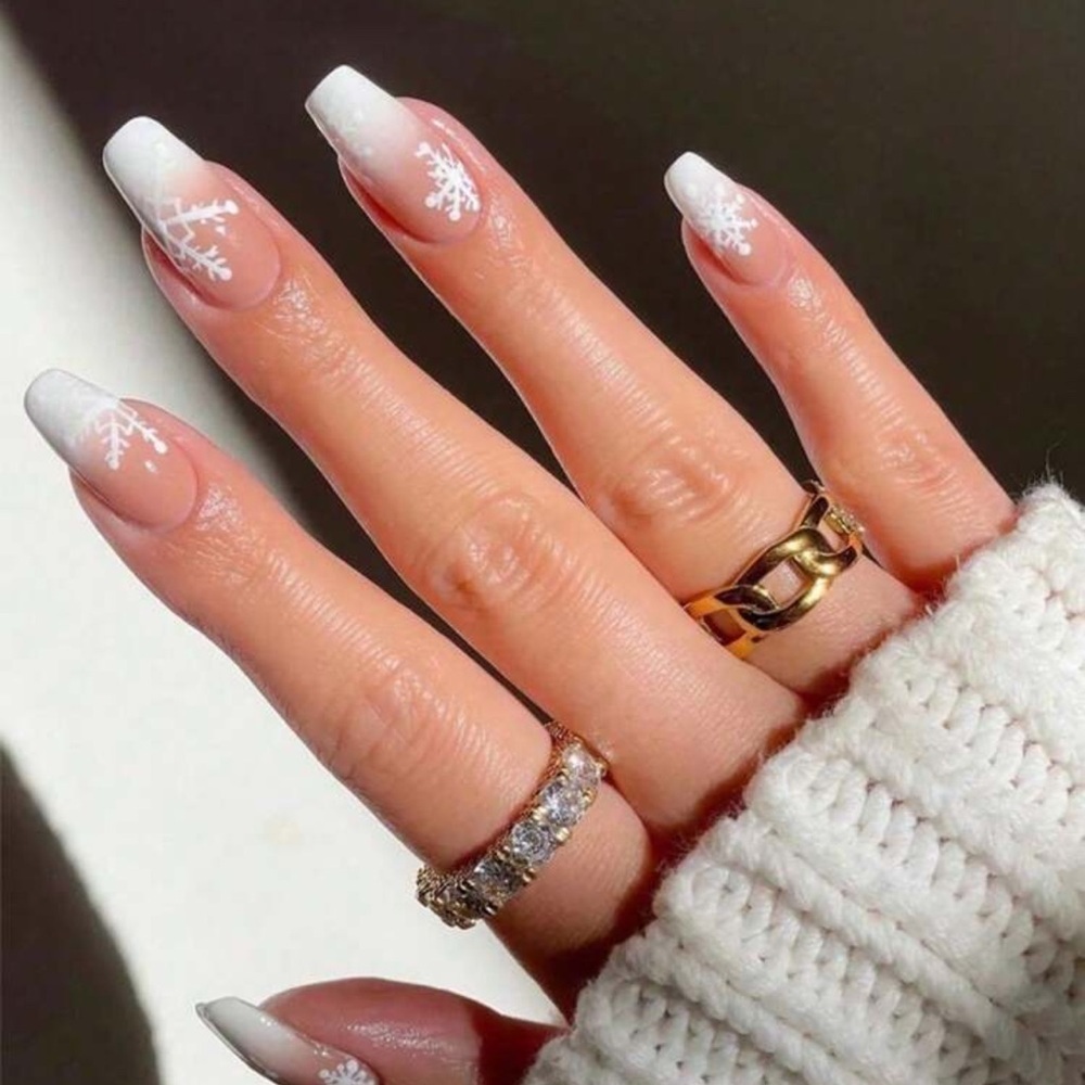 24pcs Reusable Christmas Pink & White Gradient Snowflake Print Press-On Nails,